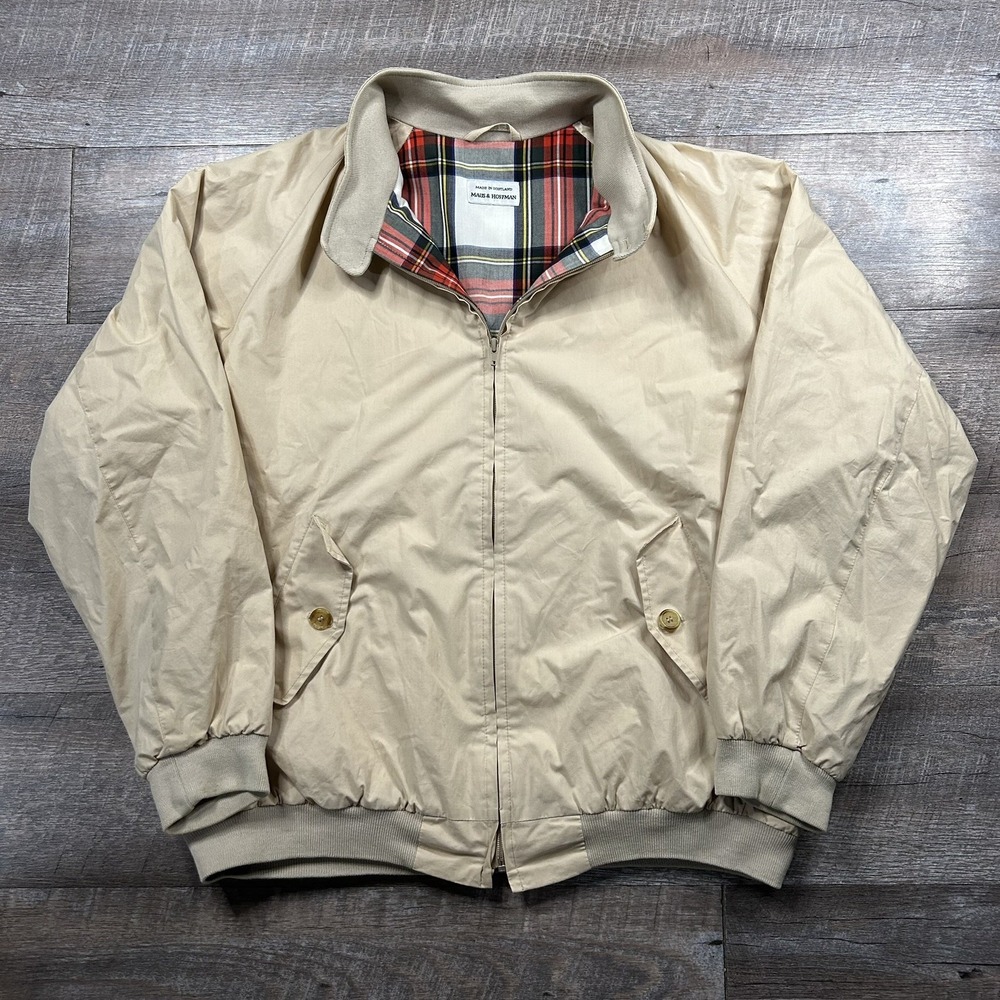 Maus & Hoffman Jacket Men's Large Beige Plaid Lined Vintage Harrington Bomber